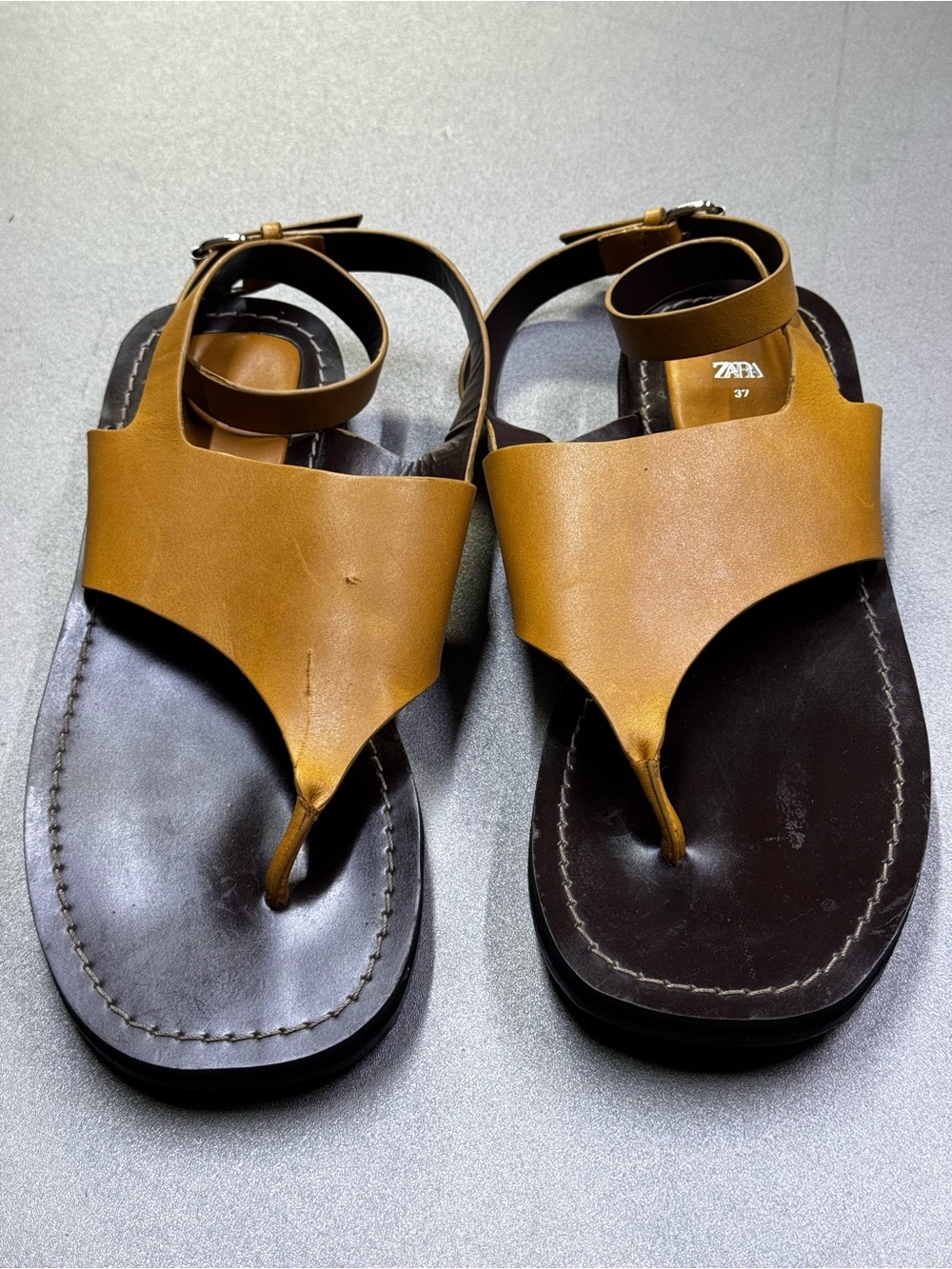 Zara Leather Flat Sandals Women EU 37 Brown Thong Square Toe Ankle Strap - Picture 3 of 9